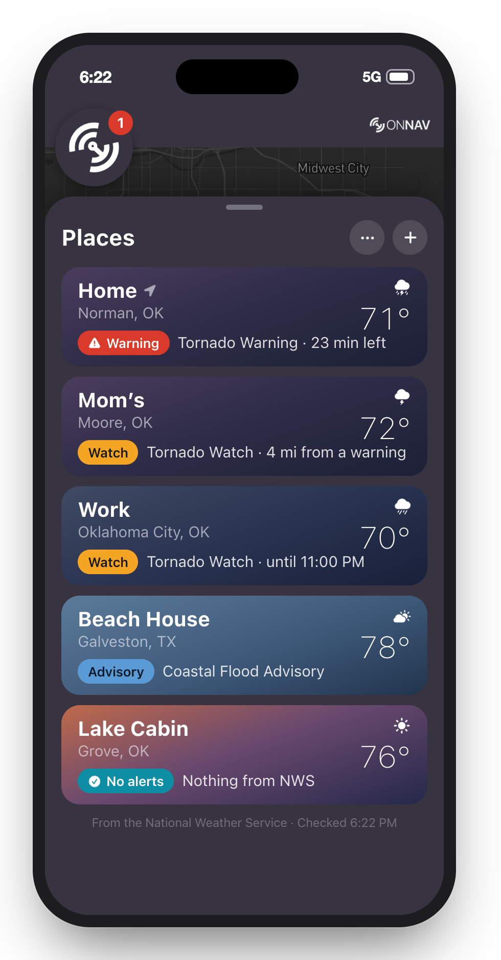 Every place, each with what NWS says about it